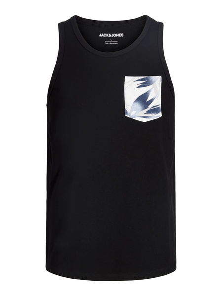 Musta hihaton paita rintataskulla