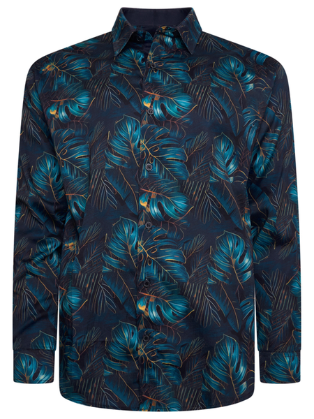 Sininen kasviprintti kauluspaita