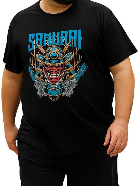 Tumman sininen samuraiprintti t-paita