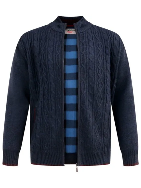 Tumman sininen palmikkoneuletakki ruutuvuorilla