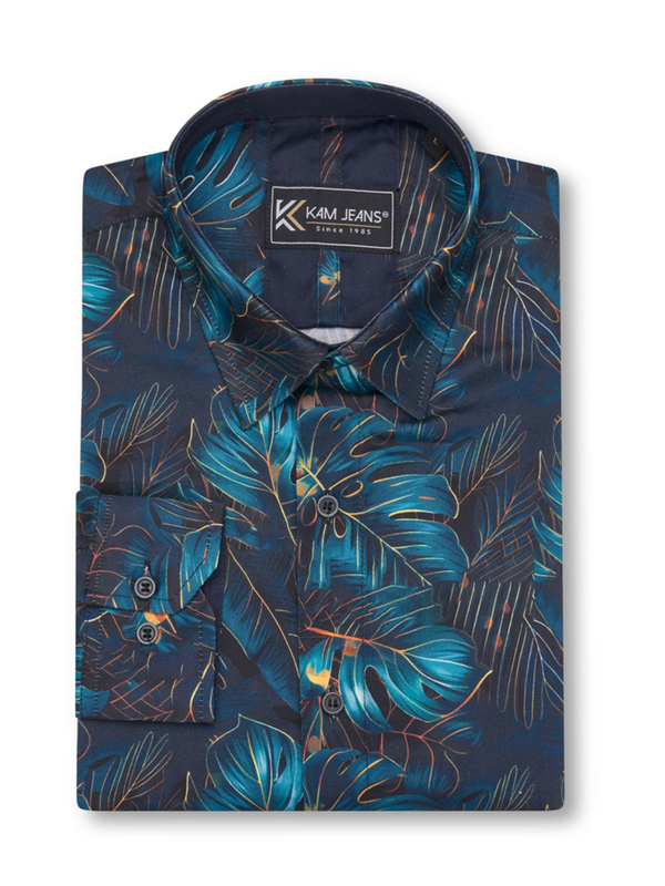 Sininen kasviprintti kauluspaita