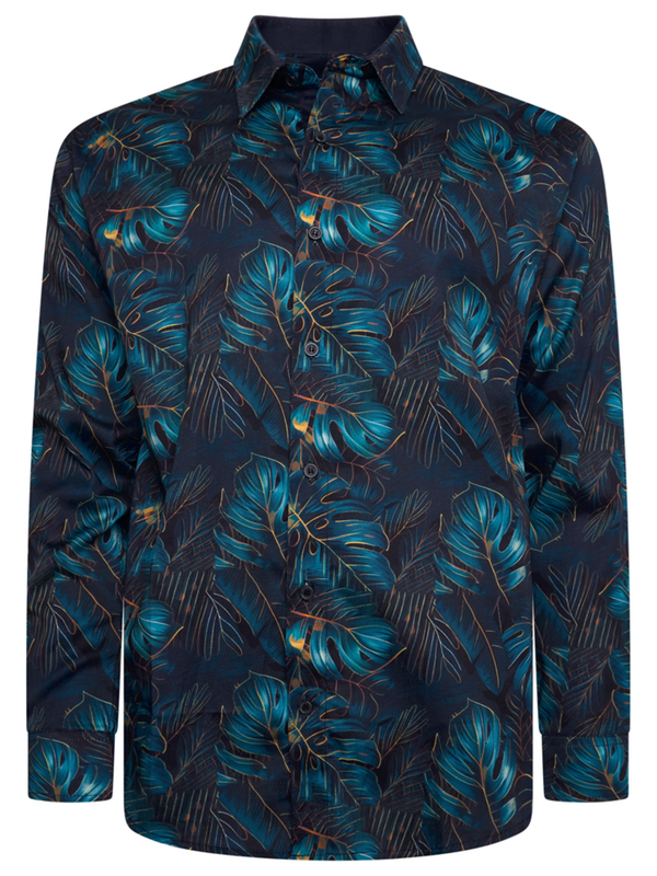 Sininen kasviprintti kauluspaita