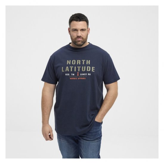 Tummansininen t-paita logopainatuksella